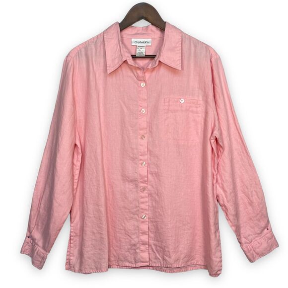 Chadwick's Button-Up Top Women Size 16 Pink 100% Linen Long Sleeve Pocket - Picture 1 of 12